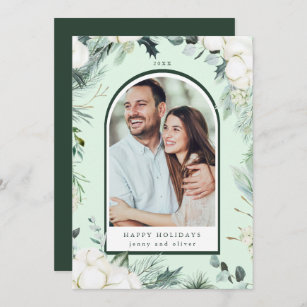 Watercolor Evergreen & Cotton Flowers Arch Photo Holiday Card