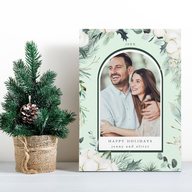 Watercolor Evergreen & Cotton Flowers Arch Photo Holiday Card (Creator Uploaded)