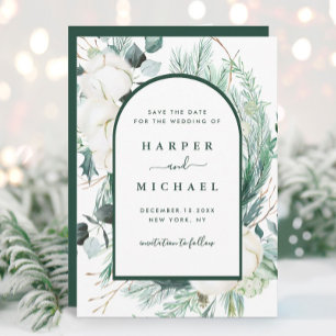 Watercolor Evergreen & Cotton Flowers Arch Photo Save The Date