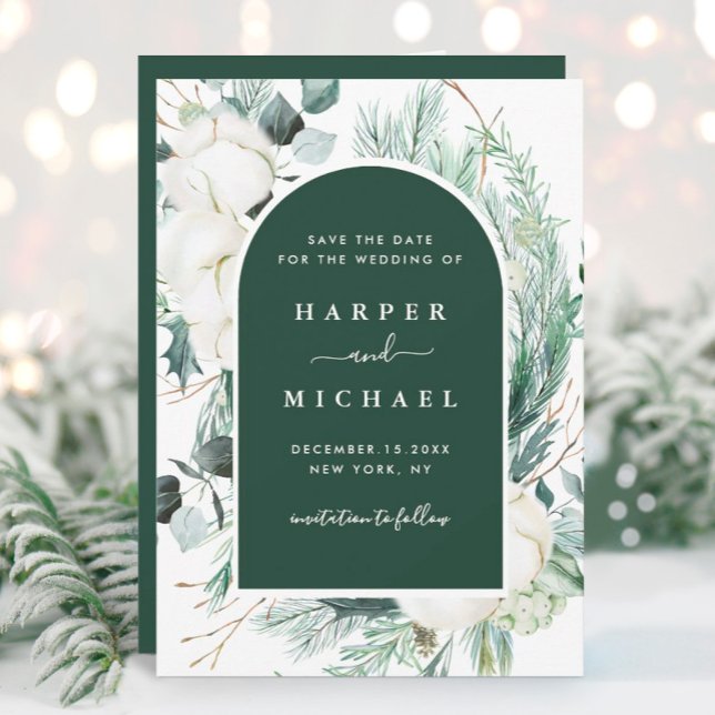 Watercolor Evergreen & Cotton Flowers Arch Photo Save The Date (Creator Uploaded)