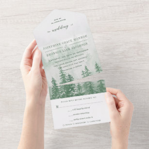 Watercolor Evergreen Forest in Green Wedding All In One Invitation