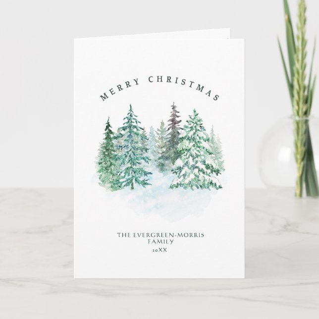 Watercolor evergreen forest Merry Christmas  Holiday Card (Front)