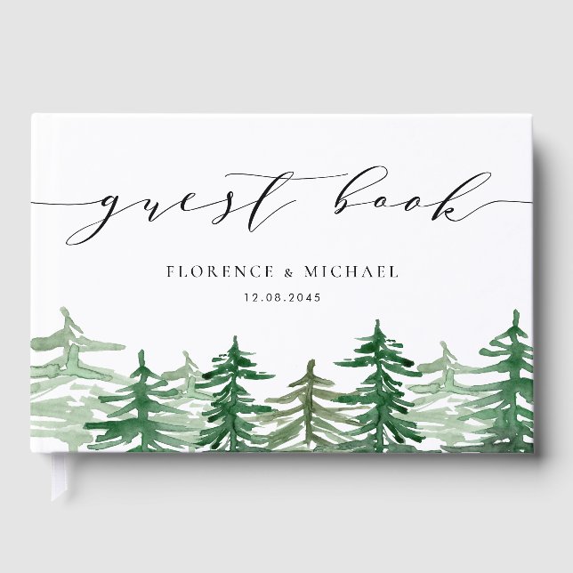 Watercolor Evergreen Forest Woodland Wedding Guest Book (Front)