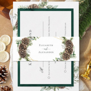 Watercolor Evergreen Pine Cone Winter Wedding Invitation Belly Band