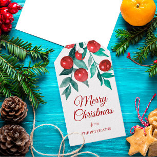 Watercolor Evergreen Red Berries Gift Tags