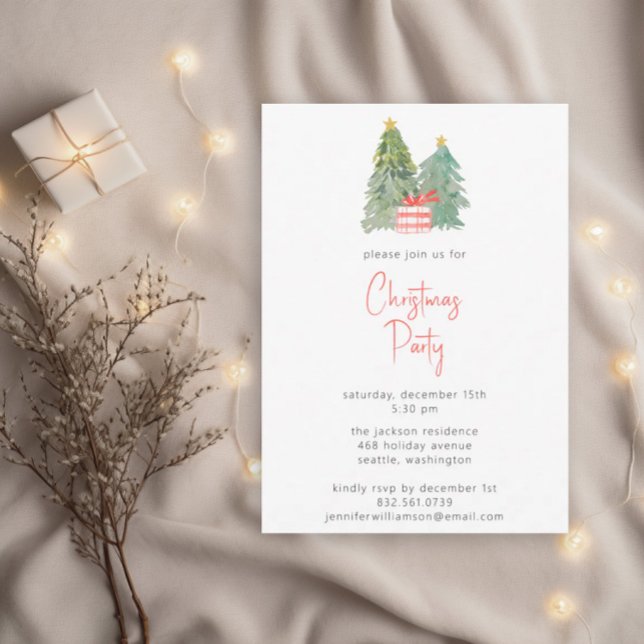Watercolor Evergreen Tree Minimal Christmas Party Invitation (Creator Uploaded)