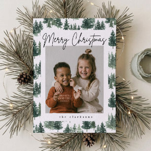 Watercolor Evergreen Trees Family Photo Christmas Invitation