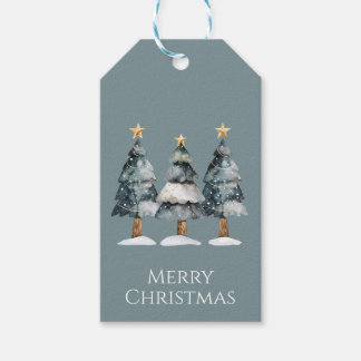 Watercolor Evergreen Trees with Gold Stars on Navy Gift Tags
