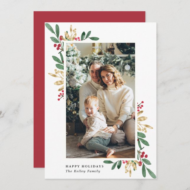 Watercolor Evergreens, Green and Gold, Large Photo Holiday Card (Front/Back)