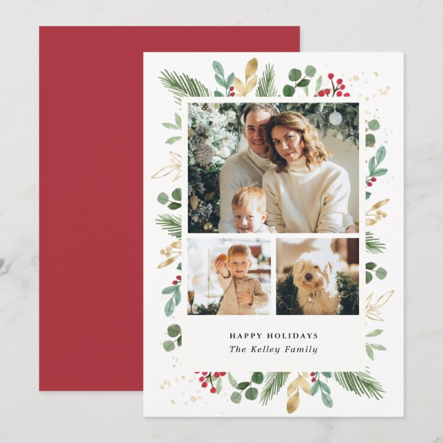Watercolor Evergreens, Green and Gold, Three Photo Holiday Card (Front/Back)