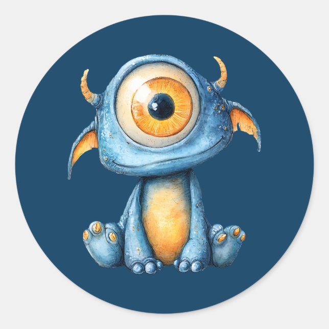 Watercolor Extraterrestrial Cute Alien Navy Blue Classic Round Sticker (Front)