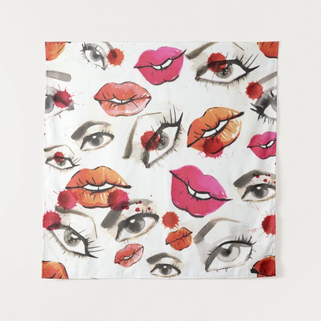 Watercolor Eyes & Lips Pattern Tapestry (Front)