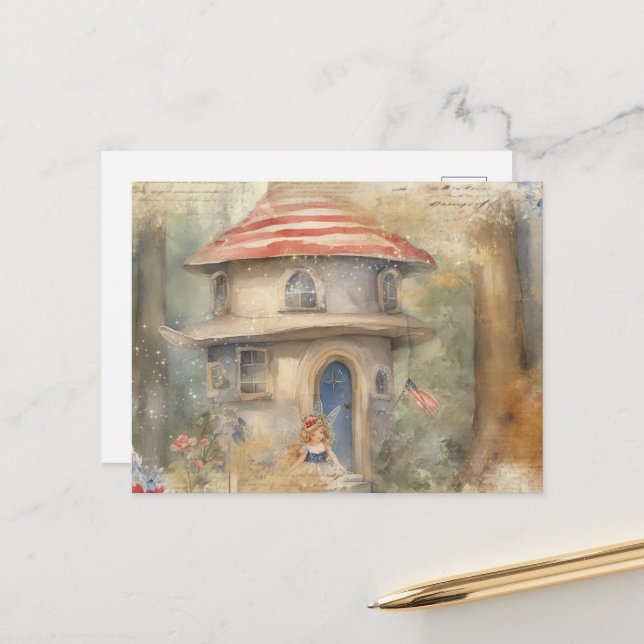 Watercolor Fairy at her house Postcard (Front/Back In Situ)