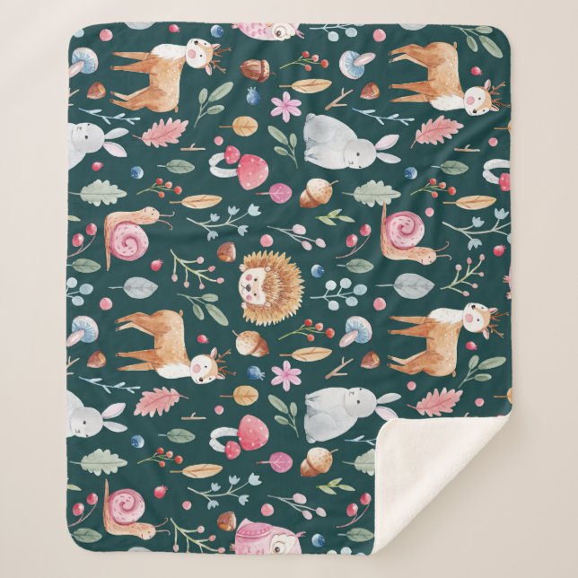 Watercolor Fairy Forest Children's Pattern Sherpa Blanket (Front)