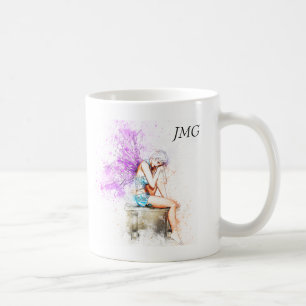 Watercolor Fairy in Blue with Monogram Coffee Mug