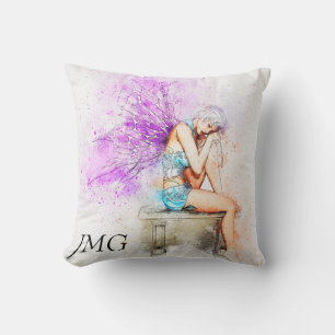 Watercolor Fairy in Blue with Monogram Cushion