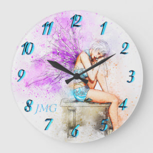 Watercolor Fairy in Blue with Monogram Large Clock