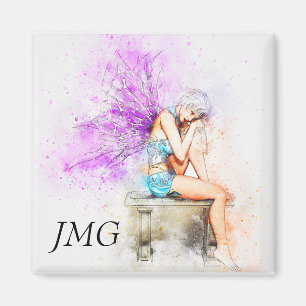 Watercolor Fairy in Blue with Monogram Magnet