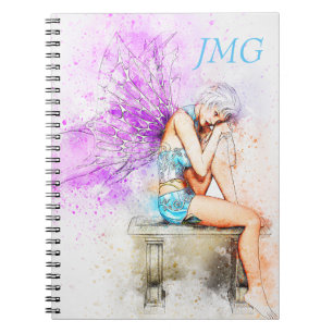 Watercolor Fairy in Blue with Monogram Notebook