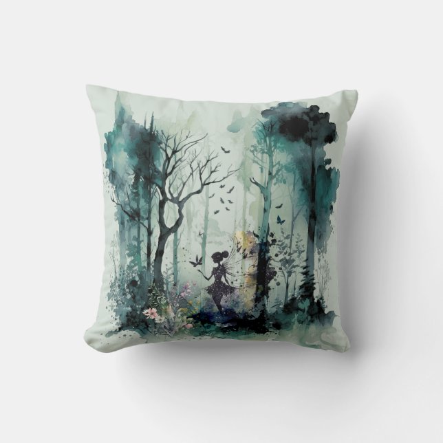 Watercolor Fairy in Forest Cushion (Front)