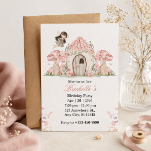 Watercolor Fairy Mushroom House Birthday Invitation