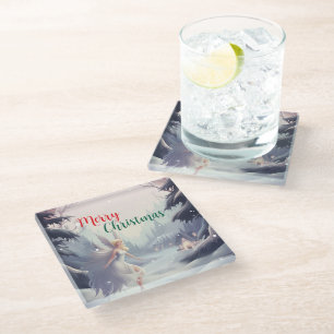 Watercolor fairy snowflake merry Xmas tree party Glass Coaster