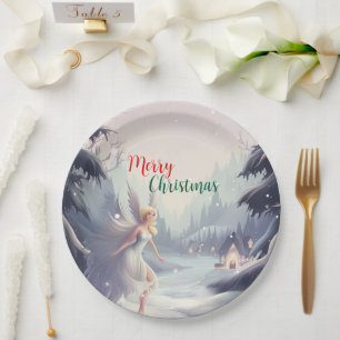 Watercolor fairy snowflake merry Xmas tree party Paper Plate