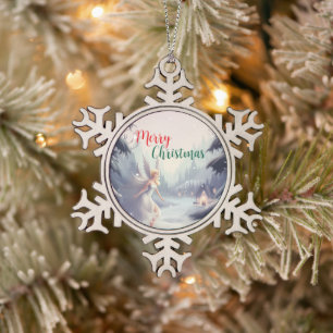 Watercolor fairy snowflake merry Xmas tree party Pewter Christmas Ornament
