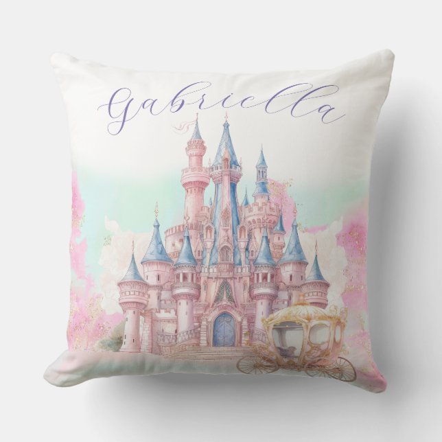 Watercolor Fairy Tale Theme Castle & Carriage Cushion (Front)