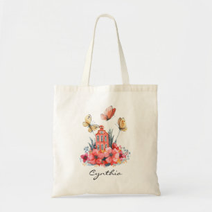 Watercolor Fairytale House Flowers & Butterflies Tote Bag