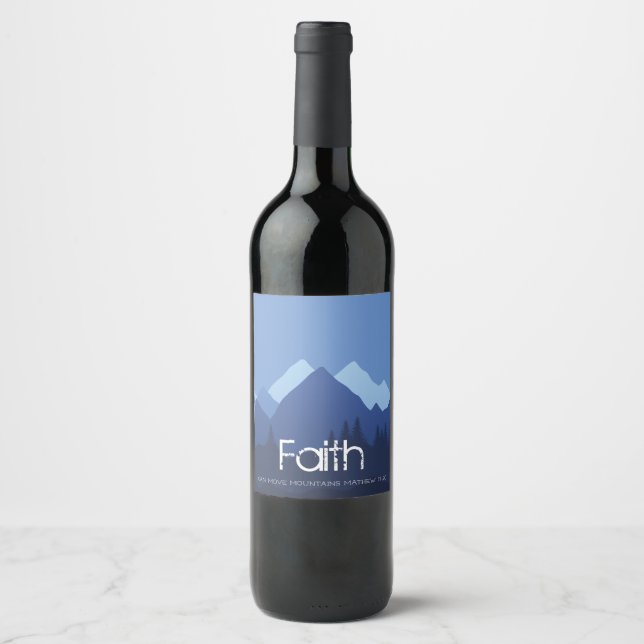 Watercolor Faith can move Mountains Blue  Wine Label (Front)