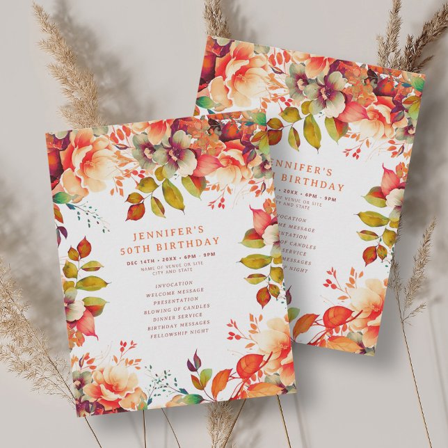 Watercolor Fall Autumn Floral 50 Birthday Program  Invitation (Watercolor Fall Autumn Floral 50 Birthday Program )