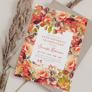 Watercolor Fall Autumn Floral 50th Birthday Party Invitation