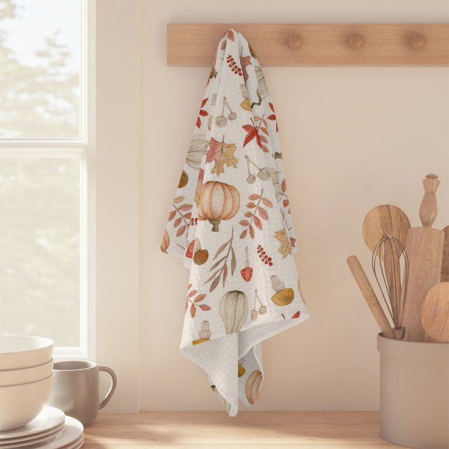 Watercolor Fall Autumn Leaves Mushroom Pumpkin  Tea Towel (Watercolor Fall Autumn Leaves Mushroom Pumpkin Kitchen Towel)