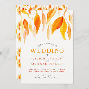 Watercolor fall autumn leaves wedding invitation