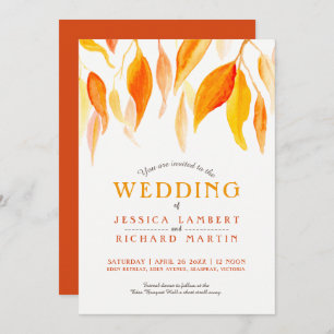 Watercolor fall autumn leaves wedding invitation