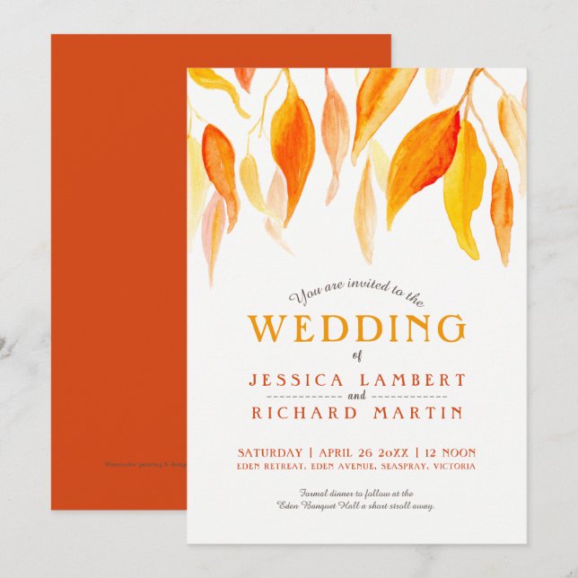Watercolor fall autumn leaves wedding invitation (Front/Back)