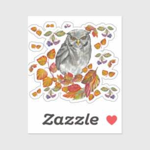 Watercolor fall beautiful owl and leaves button sq