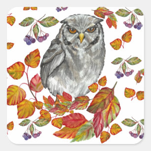 Watercolor fall beautiful owl and leaves button square sticker