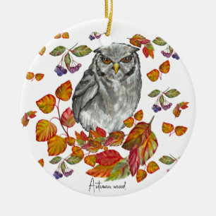 Watercolor fall beautiful owl and leaves ceramic tree decoration