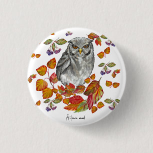 Watercolor fall beautiful owl and leaves coaster 3 cm round badge