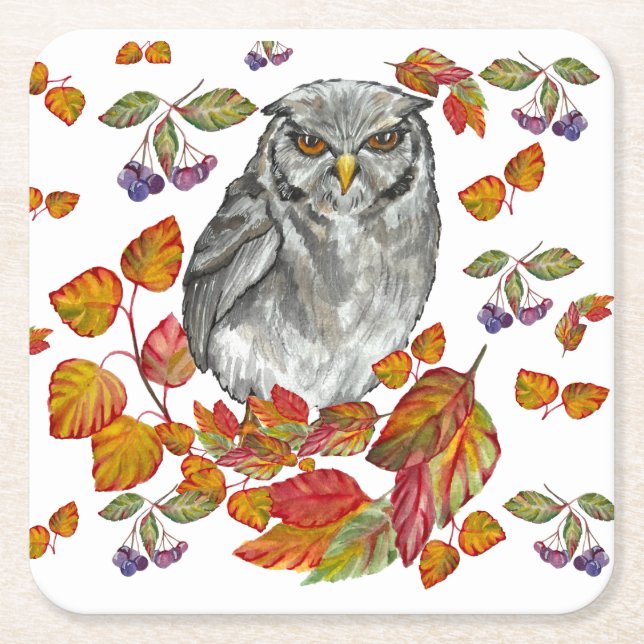 Watercolor fall beautiful owl and leaves square paper coaster (Front)