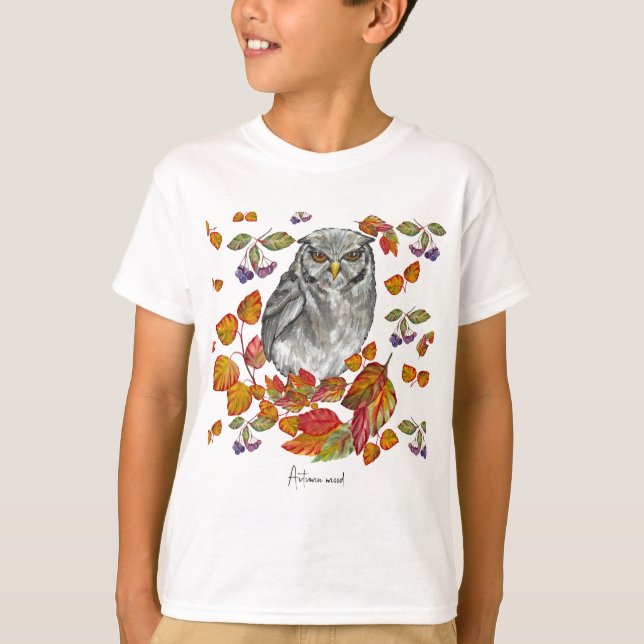 Watercolor fall beautiful owl and leaves T-Shirt (Front)