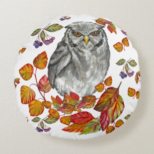 Watercolor fall beautiful owl and leaves throw pil round cushion