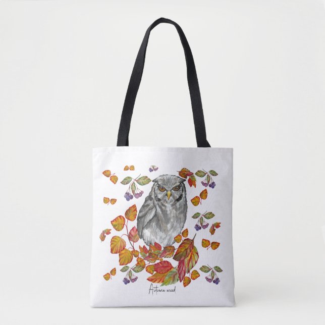 Watercolor fall beautiful owl and leaves tote bag (Front)