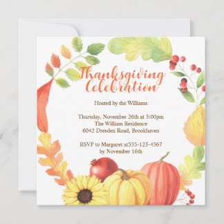 Watercolor Fall Bounty Wreath Pumpkin Thanksgiving Invitation