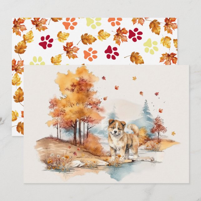 Watercolor Fall Dog Design- Akita Card (Front/Back)
