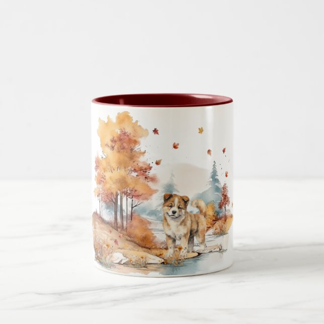 Watercolor Fall Dog Design- Akita Two-Tone Coffee Mug (Center)