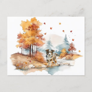Watercolor Fall Dog Design- Australian Shepherd Postcard