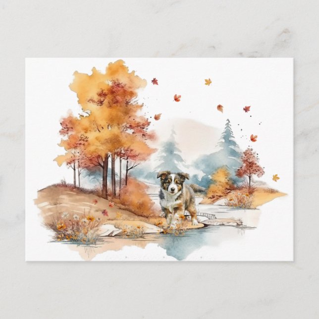 Watercolor Fall Dog Design- Australian Shepherd Postcard (Front)
